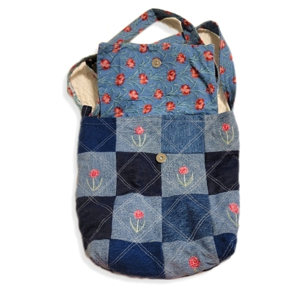 Upcycled Shades of Blue Jean patchwork pattern with one snap flap closure - Picture 2 of 5